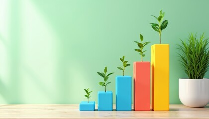 Bar chart with plants shows business growth. Small green sprouts emerge from colorful blocks arranged in ascending order on a wooden surface. Business expansion and development concept.