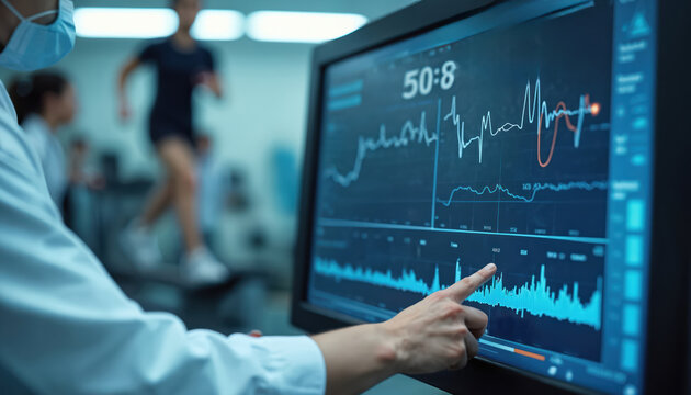 Doctor points at screen showing athlete heart rate data. Woman runs on treadmill in background. Lab monitors runner vitals during exercise test.