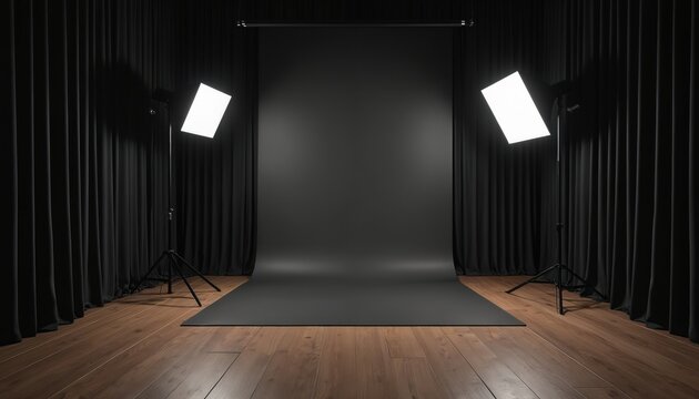 Empty photo studio with dark background, wooden floor. Pro lighting setup includes softboxes on stands, black curtains providing backdrop. Versatile space for portraits product shots, creative