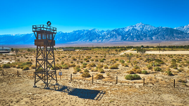Aerial Manzanar Guard Tower Desert Landscape with Mountain View California