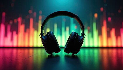 Black DJ headphones rest on a reflective surface. Neon equalizer bars pulse vibrantly behind. Modern sound equipment for music creation and listening pleasure. Nightclub vibe.