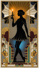Silhouette of woman holding candle with Art Deco background design  