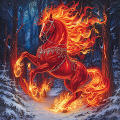 Fiery red horse rearing in snowy forest with glowing flames  