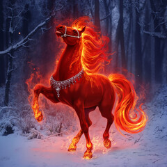 Fiery red horse rearing in a snowy forest with mystical flames  