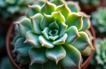 Macro view of green succulent plant with fuzzy edged leaves in terracotta pot. Focus on symmetrical rosette pattern. Botanical detail. Lushness.