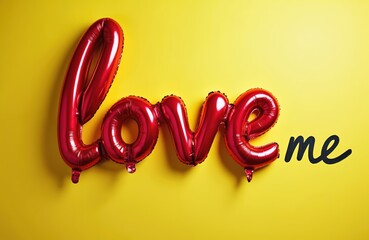 Shiny red balloons spell out the word love with the handwritten text me on a bright yellow studio background. This playful design conveys affection and romantic messages.