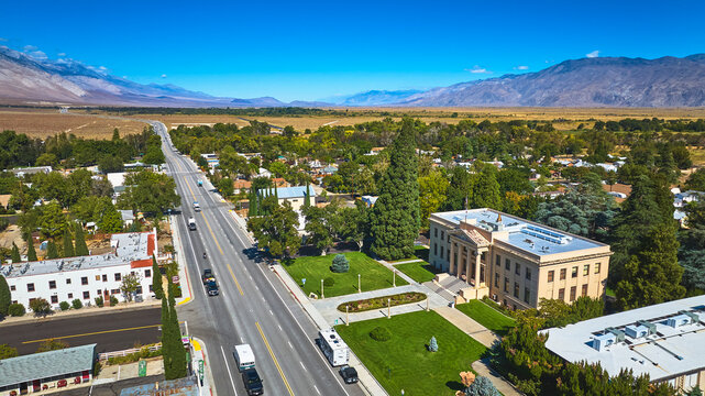 Aerial Inyo County Courthouse Main Street and Sierra Mountains Independence California