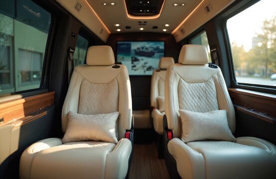 Luxury van interior features plush leather seats, ambient lighting, and entertainment screen. Comfortable passenger cabin for premium travel and corporate transport. VIP journey experience.