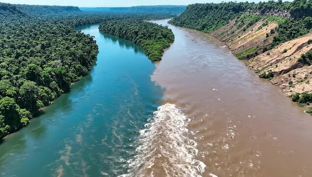 A stunning aerial view of the confluence of two rivers, where a clear blue-green river meets a muddy brown one, creating a distinct line in the water flowing through a lush rainforest landscape