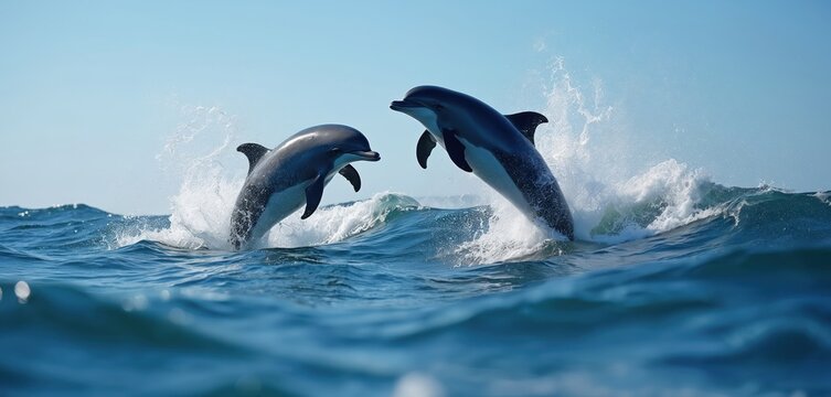 Two atlantic spotted dolphins leap from ocean waves. Marine mammals play in blue water, creating splashes. Wildlife swim joyfully near coast during daytime. Beautiful sea creatures jump.