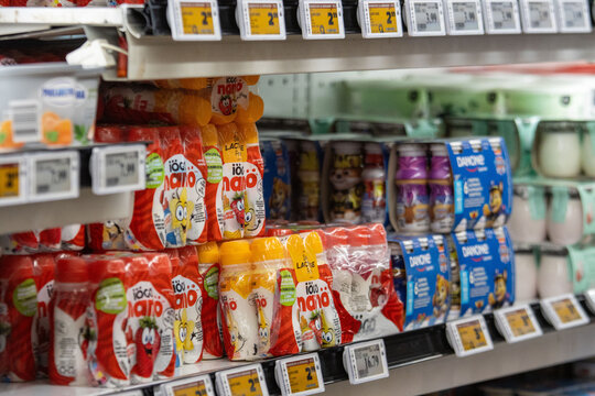 Canada, Quebec, 16 August 2025 : Colorful yogurt drinks fill supermarket shelves with playful cartoon packaging everywhere