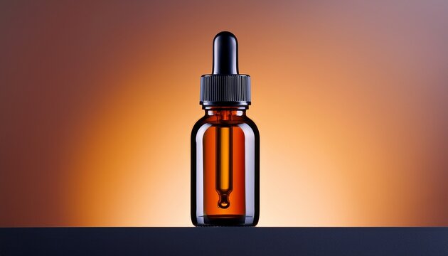 an amber dropper bottle with a black lid against a gradient backdrop