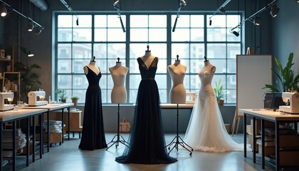 Fashion design studio showcases formal gowns on mannequins. Sewing machines and fabric samples suggest creation process. Spacious workshop with large windows offers natural light for designers.
