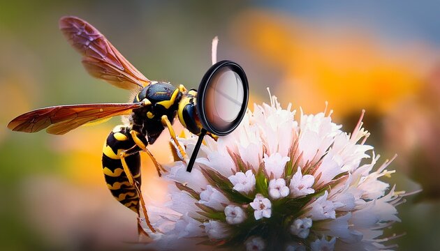 dapper wasp examining a flower with a monocle