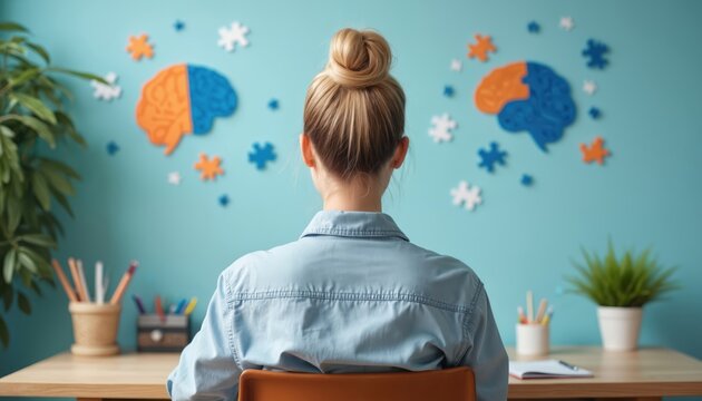 Woman sits at desk facing wall with brain puzzles. Mental health awareness symbols, focus, concentration challenges, learning, and cognitive development concepts.