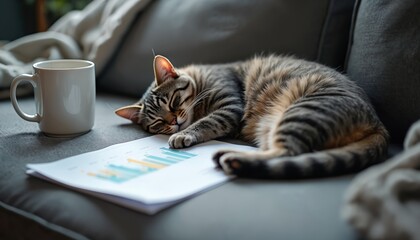 Tabby cat naps on gray couch near papers and mug. Cozy home scene with relaxed pet sleeping on furniture. Domestic animal rests peacefully indoors.