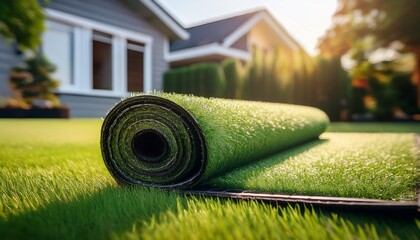 a close up of a rolled up artificial grass mat on a green lawn near a house