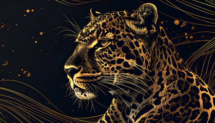 Luxury gold leopard portrait on black background, symbolizing power, elegance and strength. Premium animal illustration for branding, posters, luxury design, fashion, motivation and modern wall art.