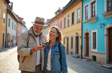 Obraz premium Elderly couple laughs looking at smartphone screen while walking on cobblestone street lined with colorful buildings. Happy seniors on vacation enjoying mobile tech and city sightseeing together.