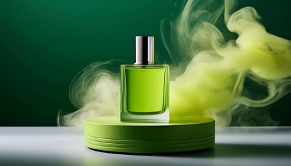 a minimalist lime green podium showcases a perfume bottle against a backdrop of swirling smoke