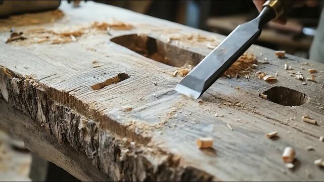 Handyman using chisel on wooden beam in workshop