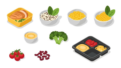 Isometric meal prep with vegetables and grains in containers