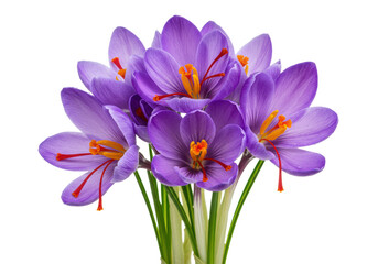 Photorealistic macro photograph of vibrant purple crocus flowers, bright orange saffron threads, and emerald green stems, isolated on high-key white background with dew droplets. Concept of spring