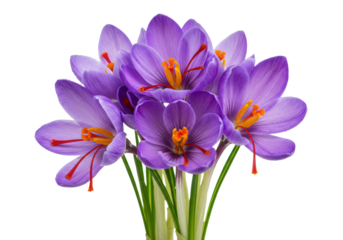 Photorealistic macro photograph of vibrant purple crocus flowers, bright orange saffron threads, and emerald green stems, isolated on high-key white background with dew droplets. Concept of spring