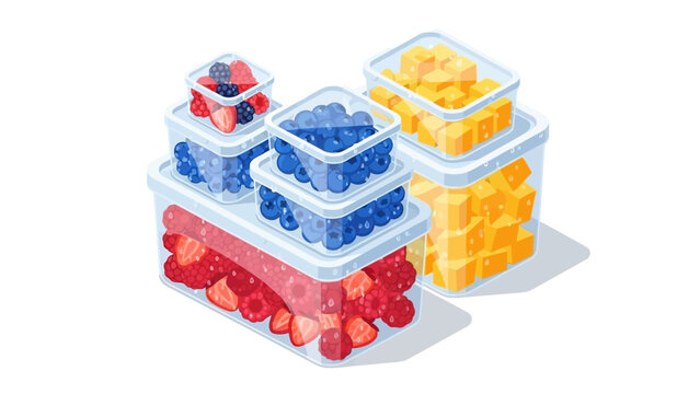 Isometric food storage containers with fresh berries and cheese cubes
