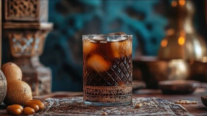 Refreshing cold drink with ice cubes on ornate table setting