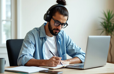 Young man with headphones studies with laptop. Writes notes in notebook at home office. Focused male learns online via computer. Busy person takes remote lesson.