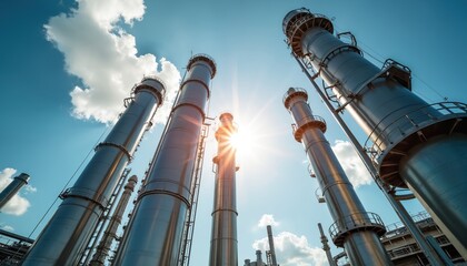 Giant industrial distillation towers rise towards bright sun, blue sky. Large scale petrochemical plant structures create complex refinery infrastructure. Metal pipes, stacks part of energy