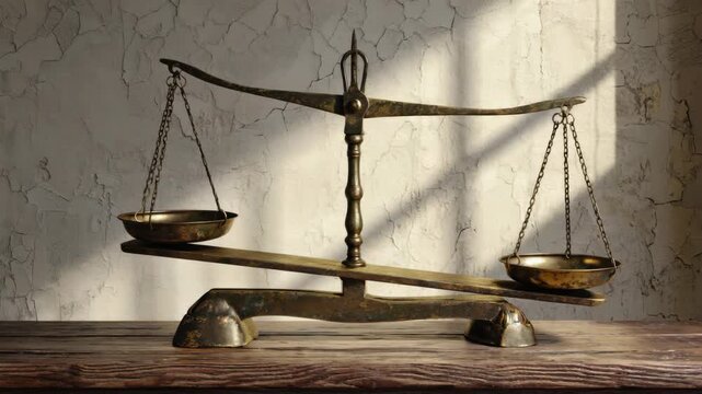 Ancient bronze-colored scales on a wooden stand with sunlight streaming from window in the background.