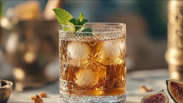 Elegant glass of cocktail with mint and figs on table