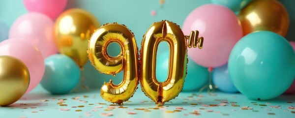 Golden foil balloons spell out ninety and th among pink and blue orbs. Confetti scatters across teal background. Milestone event background.
