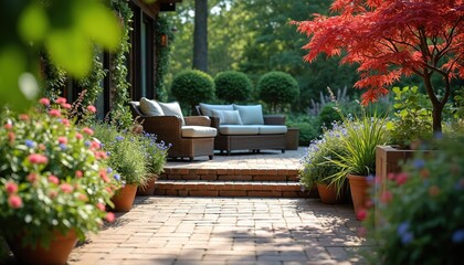 Elegant patio scene with woven furniture and blooming flowers. Stone steps lead to comfortable seating area in rich green plants and trees. Peaceful outdoor space for relaxation.