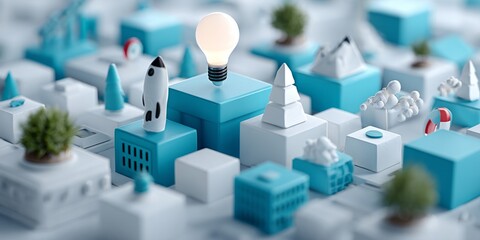 3D Illustration of Clean Tech Startup Concept with Light Bulb and Symbolic Elements