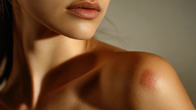A close-up of a woman's shoulder showcasing a faint red mark or bruise. The skin appears healthy and well-toned.