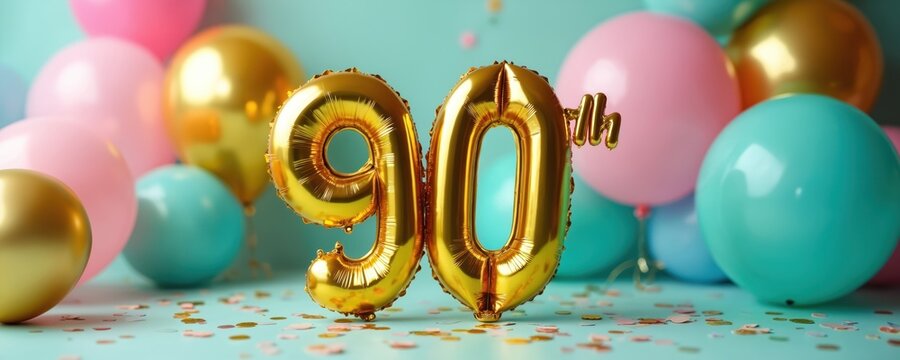 Golden foil balloons spell out ninety and th among pink and blue orbs. Confetti scatters across teal background. Milestone event background.