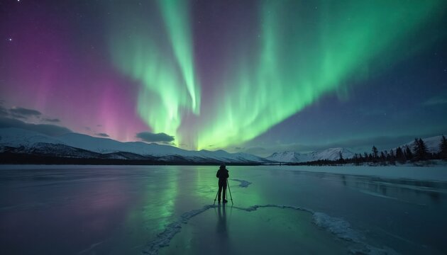 Photographer waits with tripod on frozen lake for stunning aurora borealis. Green and purple sky lights dance above snowy mountains and dark forest. Winter night nature spectacle. - Powered by Adobe