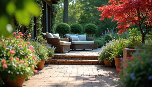 Elegant patio scene with woven furniture and blooming flowers. Stone steps lead to comfortable seating area in rich green plants and trees. Peaceful outdoor space for relaxation. - Powered by Adobe