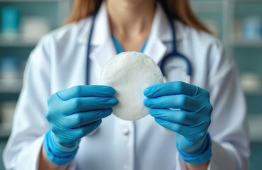 Doctor hands in blue gloves hold sterile white pad. Medical pro wears white coat and stethoscope. Healthcare worker shows gauze for wound care. Cleanliness protocol emphasized indoors.