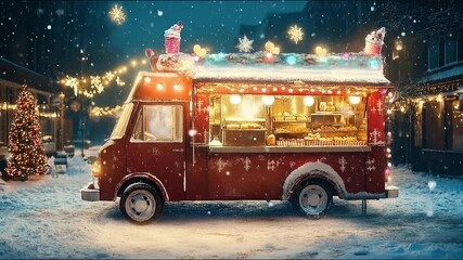 Cozy food truck on snowy street at night with Christmas tree