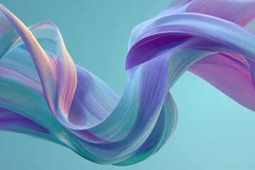 Abstract flowing ribbons in turquoise, purple, and pink tones against a light blue background