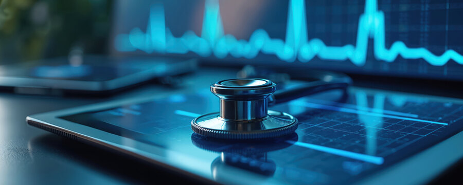 Doctor uses stethoscope on tablet showing heart beat graph. Digital health device displays ECG wave. Modern cardiology diagnostic equipment. Future med tech analysis.