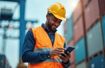 Smiling man wearing hard hat and safety vest texts on phone. He works at a shipping port among cargo containers. Logistics professional uses mobile app for work updates and communication.
