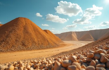 Expansive open pit gravel mine landscape under sunny blue sky. Large orange sand and rock piles dominate arid terrain. Mining operations extract construction materials.