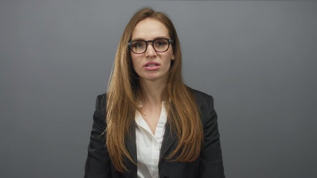 Woman with glasses wearing black blazer and white shirt talking with open mouth against gray studio background; confusion.