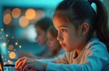Children use laptops in a futuristic classroom environment. They engage with digital learning tools and holographic interfaces. Young minds explore new knowledge.