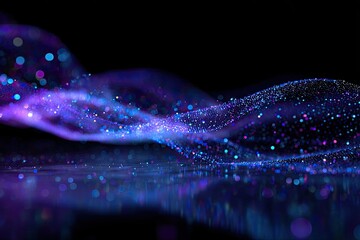 Abstract digital particle flow, luminous waves with bokeh effect, on a reflective surface